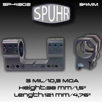 Тактический кронштейн SPUHR D34мм для установки на Picatinny, H38мм, наклон 3MIL/10.3MOA (SP-4302)